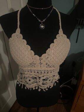 Authentic Original Vintage Style Beige Crochet Crop Top